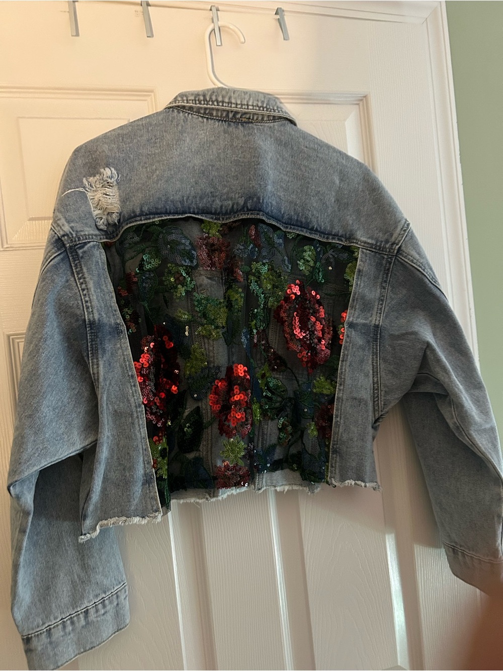 Veveret Distressed  Light Blue Denim Jacket with Sequin Pocket - Picture 2 of 5
